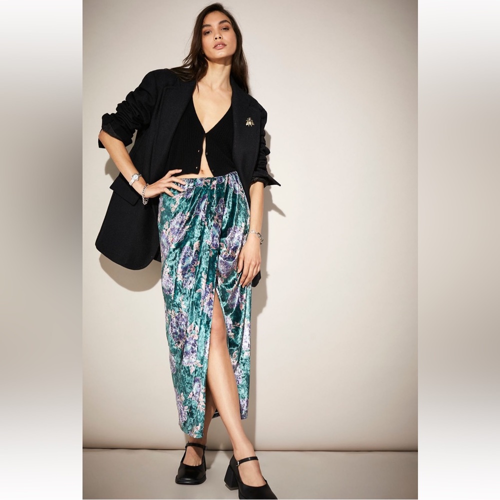 Free People Green Floral Velvet Maxi Skirt